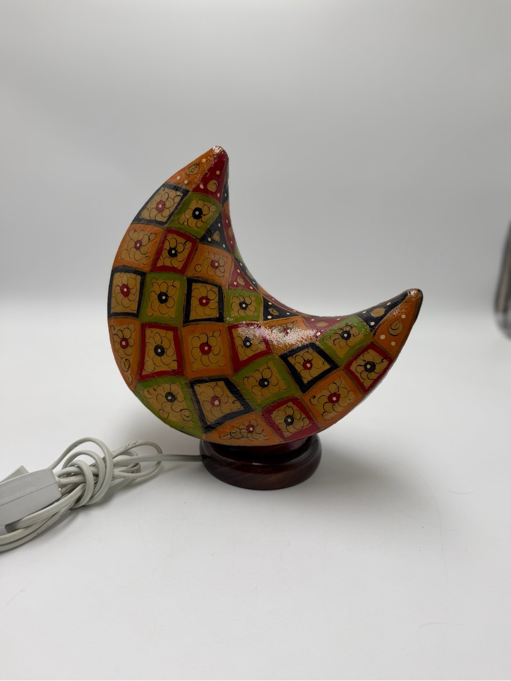 Hand Painted Camel Skin Moon Table Lamp Boho Moroccan Folk Art 11”